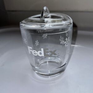 Clear thick Lucite plastic FedEx lidded candy dish with white snowflake design